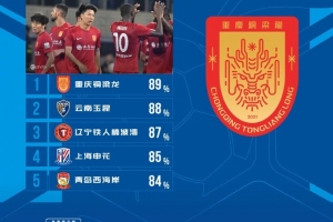 中超第6轮传球成功率排行榜：重庆铜梁龙89%居首