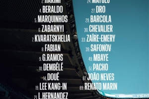 巴黎对阵南特大名单：登贝莱、法比安、内维斯在列，维蒂尼亚缺席