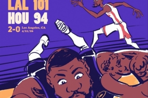 插画师为湖人G2赢球作画：斯玛特倒地拼命救球 杜兰特成背景