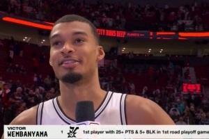 文班生涯首个季后赛客场拿下至少25分5盖帽 NBA历史首人！