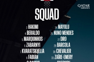 巴黎对阵拜仁首回合名单：登贝莱、阿什拉夫领衔，维蒂尼亚回归